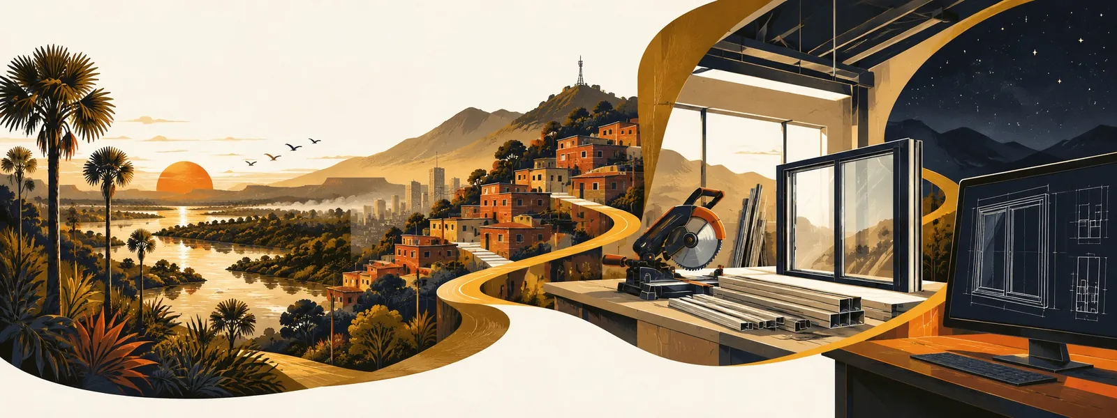Ilustración de un camino dorado que va de la sabana y el río del Guaviare a las lomas de Ciudad Bolívar, pasa por un taller de aluminio con una ingleteadora y termina en una pantalla con el plano de una ventana bajo un cielo estrellado