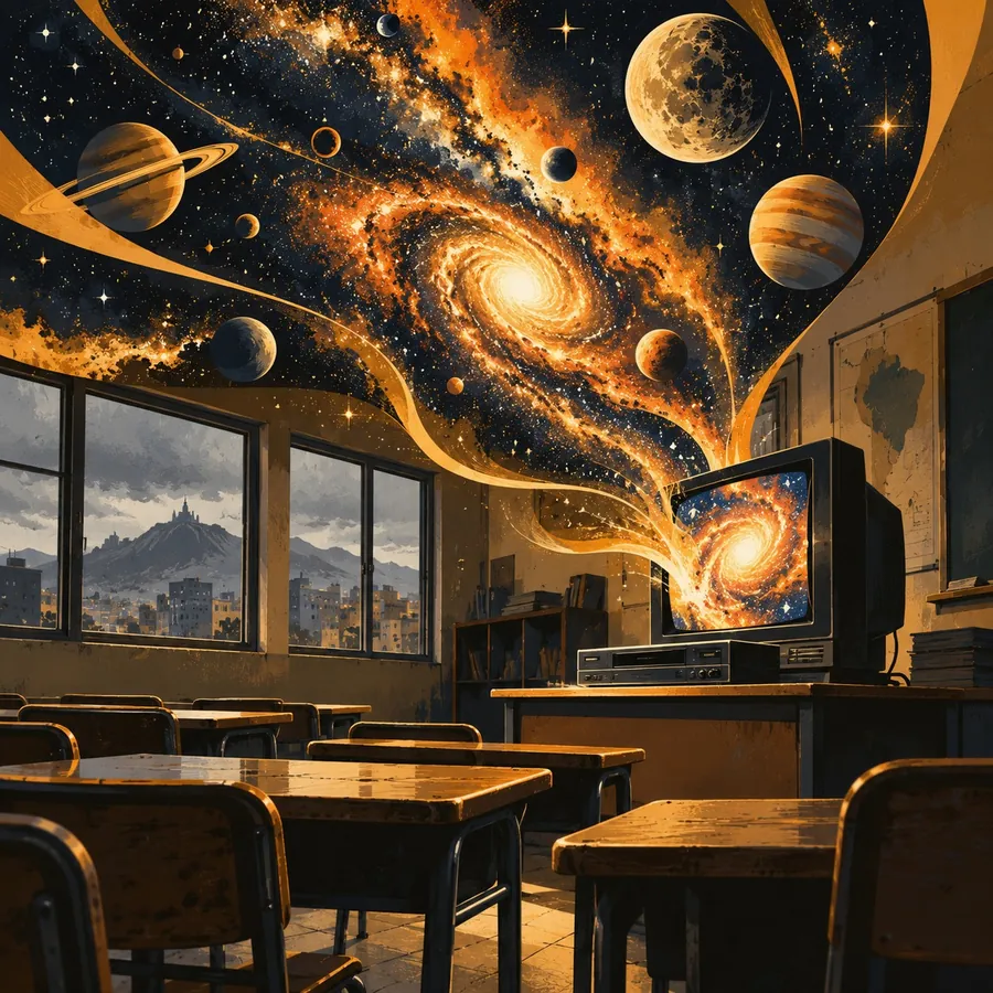 Ilustración de un salón de clase con un televisor viejo y un betamax del que sale un cielo lleno de estrellas, galaxias y planetas