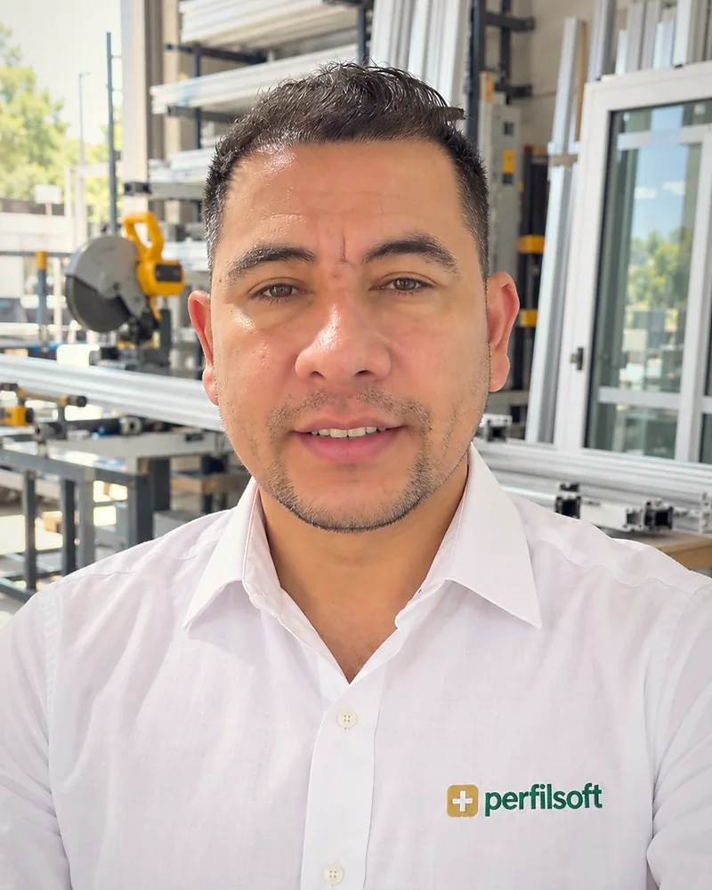 Harvey Castillo hablando a la cámara en un taller de aluminio, con perfiles y una ingleteadora detrás